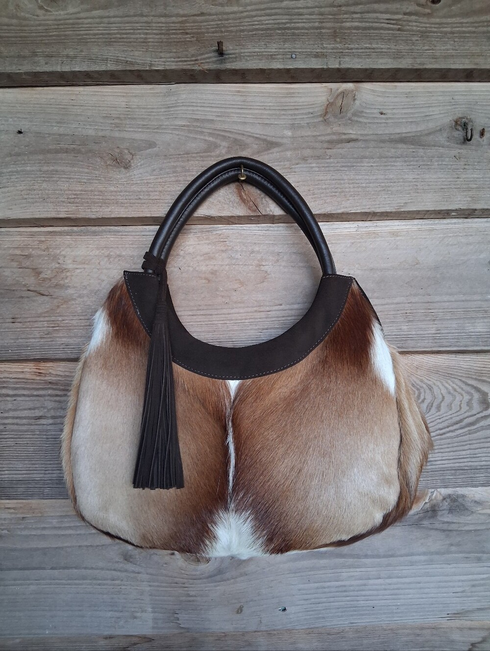 MooMoo Designs Genuine Springbok Fur Leather Hobo Bag - Western Boho Tote
